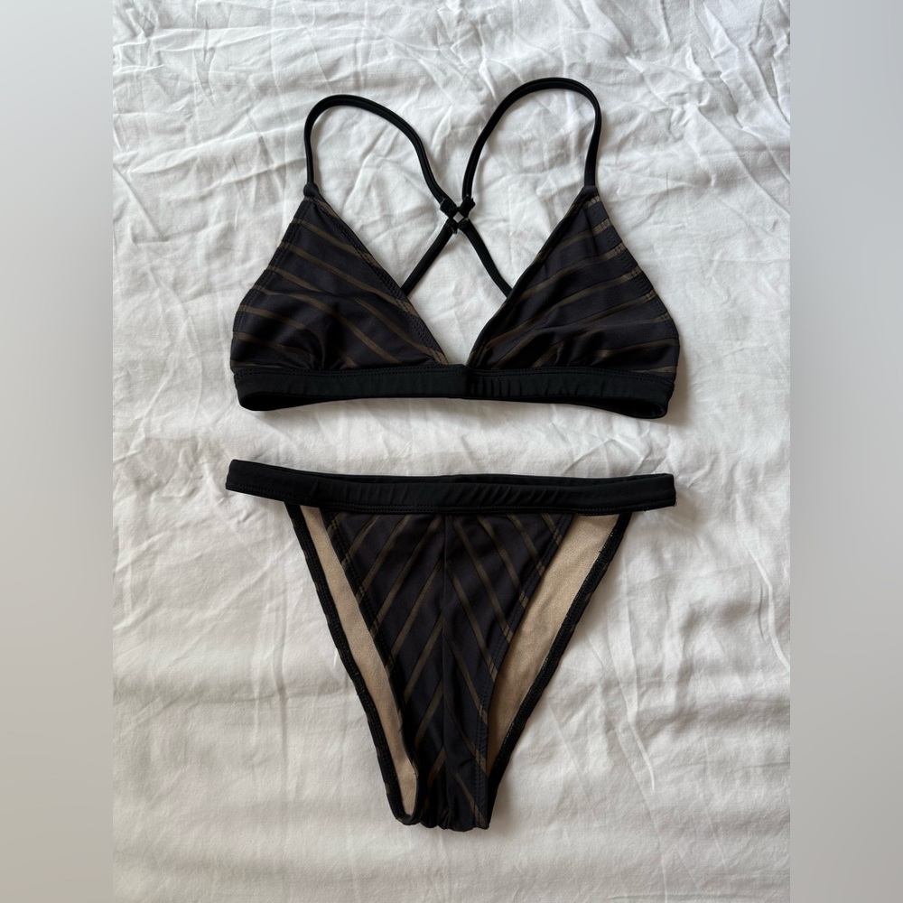 Black and Tan Striped Bikini Set XS